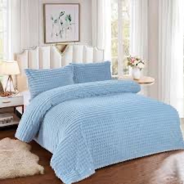 Lenjerie de Pat Dublu Premium Cocolino Teddy Bear, 4 Piese – Pluș Gofrat de Lux, Confort și Eleganță Suprema, Bleu [1]