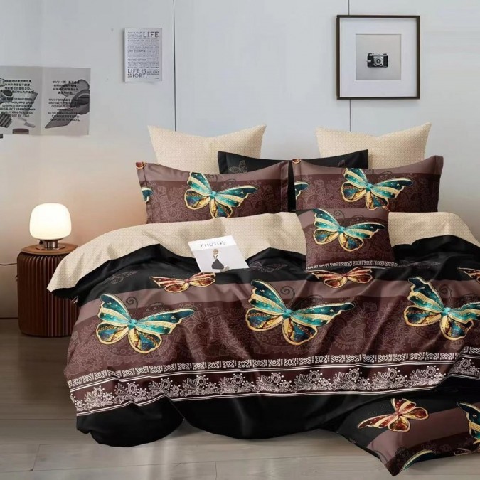 Lenjerie pat dublu cu două feţe, 4 piese, Bumbac Satinat Superior, Maro, fluturi