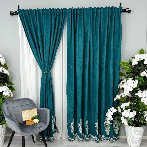 Set 2 bucati Draperie Blackout 80%, din Catifea cu Broderie, Elite V3, Turquoise, 200cm latime x 232cm inaltime, cu rejansa pentru bara [1]
