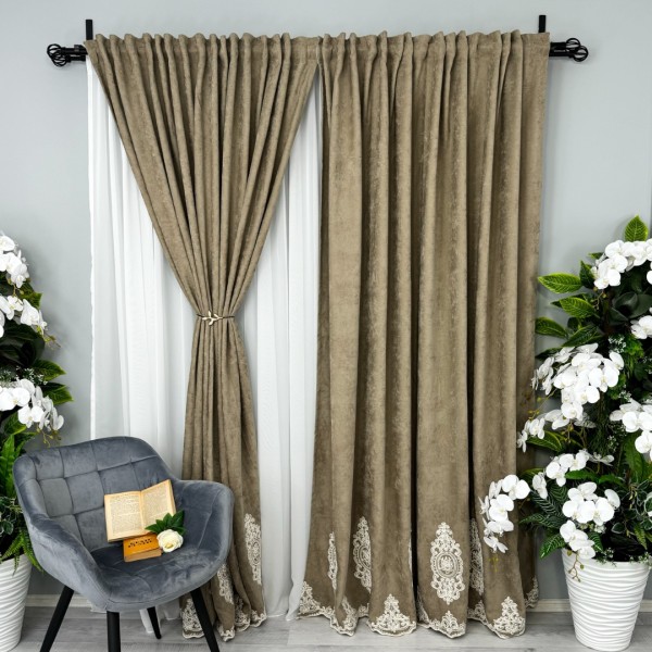 Draperie Blackout 80%, din Catifea cu Broderie, 140cm latime x 260cm înălțime, cu TIV LAT, Elite V1, Bej [1]