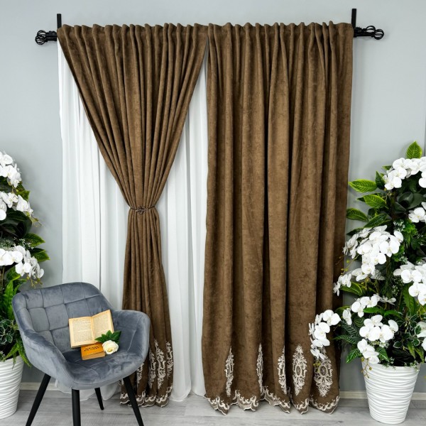 Set 2 Draperii Blackout 80%, din Catifea cu Broderie, Elite V3, Maro, 2m latime x 232cm inaltime x rejansa pt bara [1]