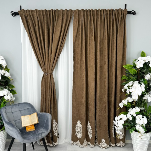 Set 2 Draperii Blackout 80%, din Catifea cu Broderie, Elite V1, Maro, 2m latime x 232cm inaltime x rejansa pt bara [1]
