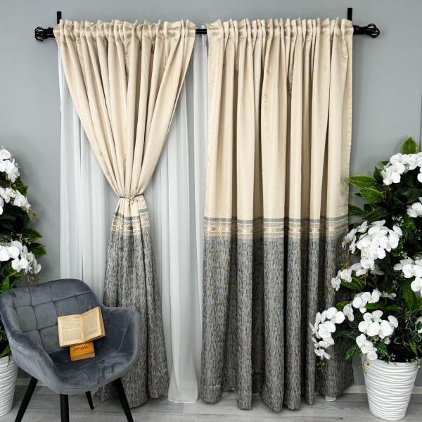 Set 2 Draperii Simplicity, tip panou 3 metri latime x 232cm inaltime x rejansa pt bara, Crem cu Gri [1]