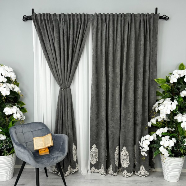 Draperie Blackout 80%, din Catifea cu Broderie, 140cm latime x 260cm înălțime, cu TIV LAT,  Elite V1, Gri [1]