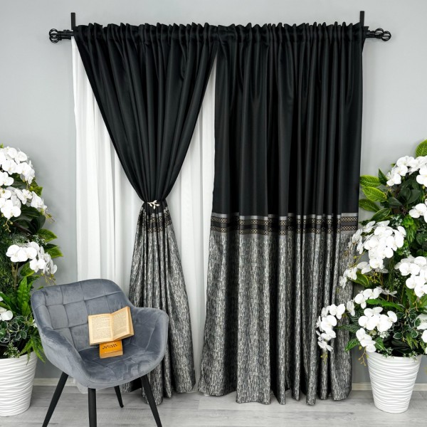 Set 2 bucati Draperie Simplicity, tip panou, Negru cu Gri, 3m latime x 2.32m inaltime, cu rejansa pentru bara [1]