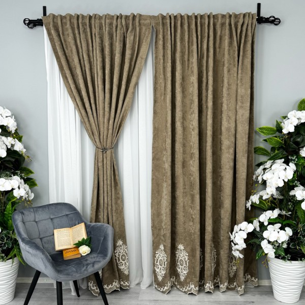 Draperie Blackout 80%, din Catifea cu Broderie, 140cm latime x 260cm înălțime, cu TIV LAT, Elite V3, Bej [1]