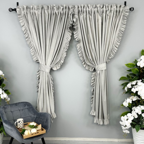 Draperie din catifea, cu volanase - 200cm x 235 cm, rejansa pt.bara, gri deschis [1]