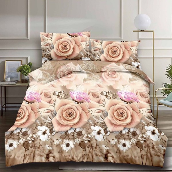 Lenjerie pat dublu (140x200cm, 160x200cm, 180x200cm), cearsaf clasic, imprimeu 3D, Bej, flori [1]
