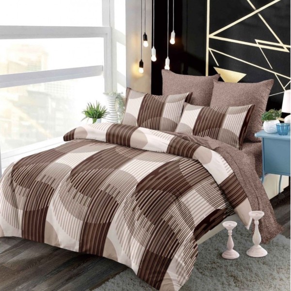Lenjerie pat dublu,  FINET, cu elastic, 6 piese, Maro, Bej, Forme Geometrice [1]