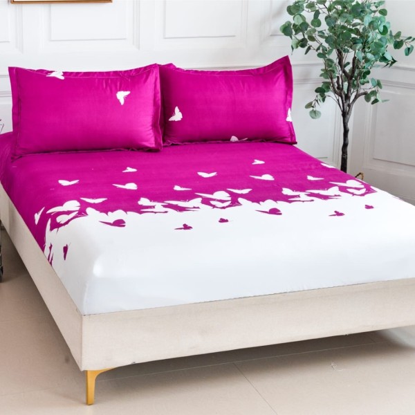 Cearsaf cu elastic, Bumbac Satinat, 160/180x200cm, 2 fete de perne 50x70cm, Alb-Fuchsia, fluturi [1]
