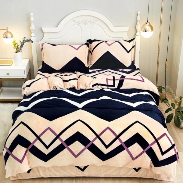 Lenjerie pentru Pat Dublu, Cocolino Premium, 4 Piese – Plușată, Groasă, și Călduroasă, Ideală pentru Iarnă –  Confort Maxim, Antișifonare, Crem, Bleumarin, Zig-Zag [1]