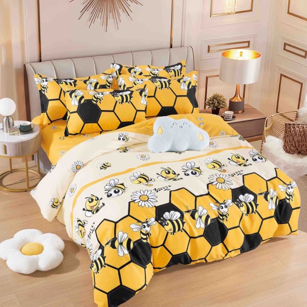Lenjerie pat dublu,  FINET, 6 piese, cu ELASTIC, Jojo Home, Galben, albinute, flori [1]