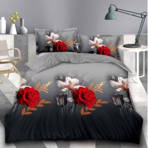 Lenjerie pat dublu, cearsaf clasic, imprimeu 3D, Gri-Rosu, flori