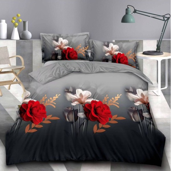 Lenjerie pat dublu (140x200cm, 160x200cm, 180x200cm), cearsaf clasic, imprimeu 3D, Gri-Rosu, flori [1]