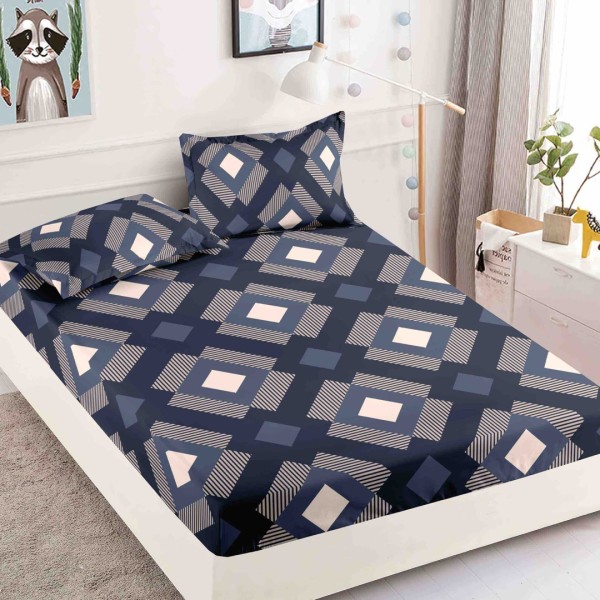 Cearsaf cu elastic, Bumbac FINET, 160/180x200cm, 2 fete de perne 50x70cm, Jojo Home, Albastru, forme geometrice [1]