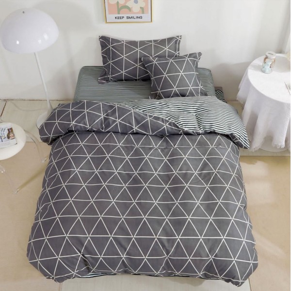 Lenjerie pat 140x200cm,  FINET, 4 piese, cu ELASTIC, Gri, forme geometrice [1]