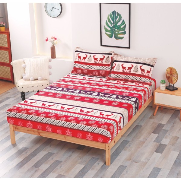 Cearsaf cu elastic CoCoLiNo Polar, 180x200x25cm, 2 fete de perne 50x70cm, Rosu, Alb, reni, fulgi de nea [1]