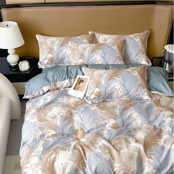 Lenjerie pat dublu (140x200cm, 160x200cm, 180x200cm),  FINET, 6 piese, Verde, flori, Bleu-Bej, oriental [1]