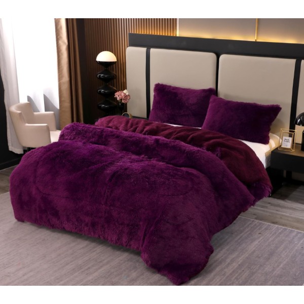 Pilota Super Pufoasă CoCoLiNo Fluffy cu Blăniță Sherpa Asortată, 200x230 cm, 4 kg, 2 Fețe de Pernă Asortate, 50x70cm – Căldură Instantă și Confort de Lux pentru Nopți Reci, Violet [1]