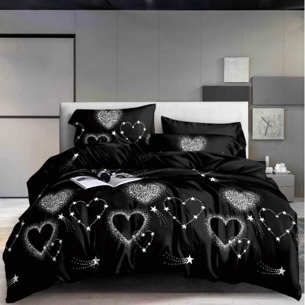 Lenjerie pat dublu (140x200cm, 160x200cm, 180x200cm), cearsaf clasic, imprimeu 3D, Negru, inimioare [1]