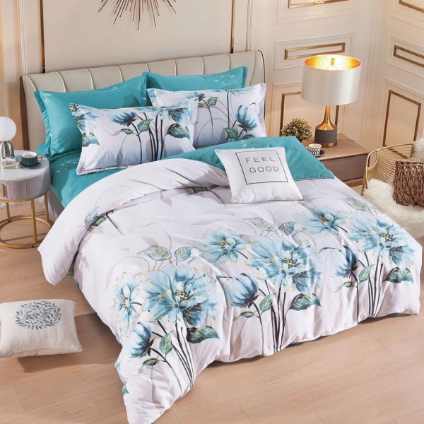 Lenjerie pat dublu,  FINET, 6 piese, Jojo Home, Alb, Bleu, flori [1]