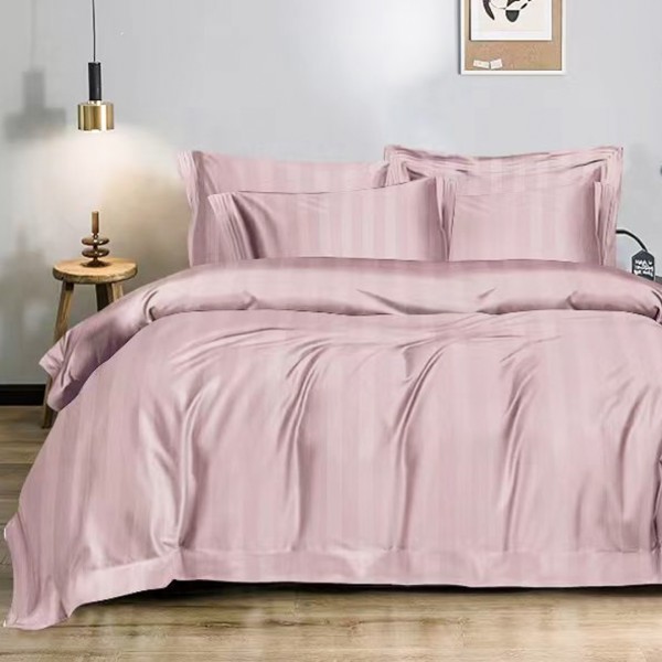 Lenjerie HoReCa DeLuxe, pat dublu, Damasc cu Dunga latã de 3cm, 6 piese, cearșaf cu ELASTIC, Pudra [1]