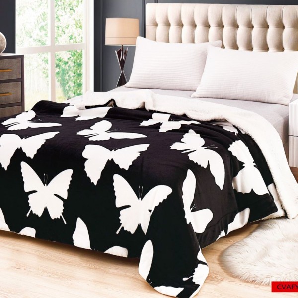Patura Luxoasa Cocolino din Microfibra Ultra-Moale, cu Blanita Sherpa, 200x230 cm - Confort Maxim si Design Elegant pentru Nopti Perfecte, Negru, Alb, Fluturi [1]