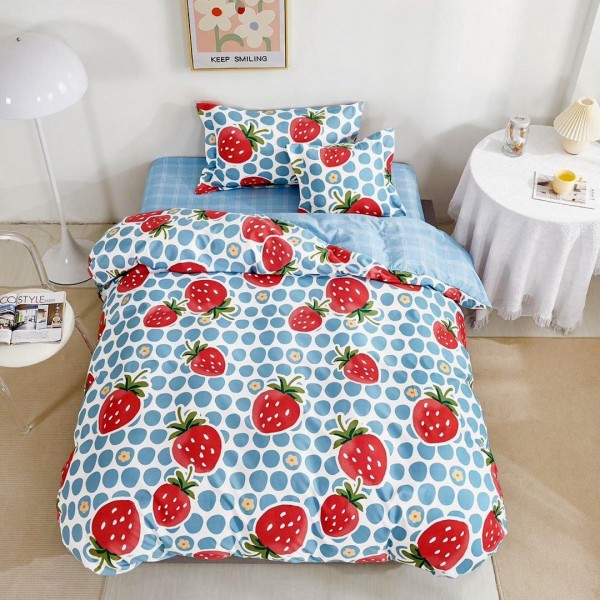 Lenjerie pat 140x200cm,  FINET, 4 piese, cu ELASTIC, Bleu-Rosu, capsuni [1]