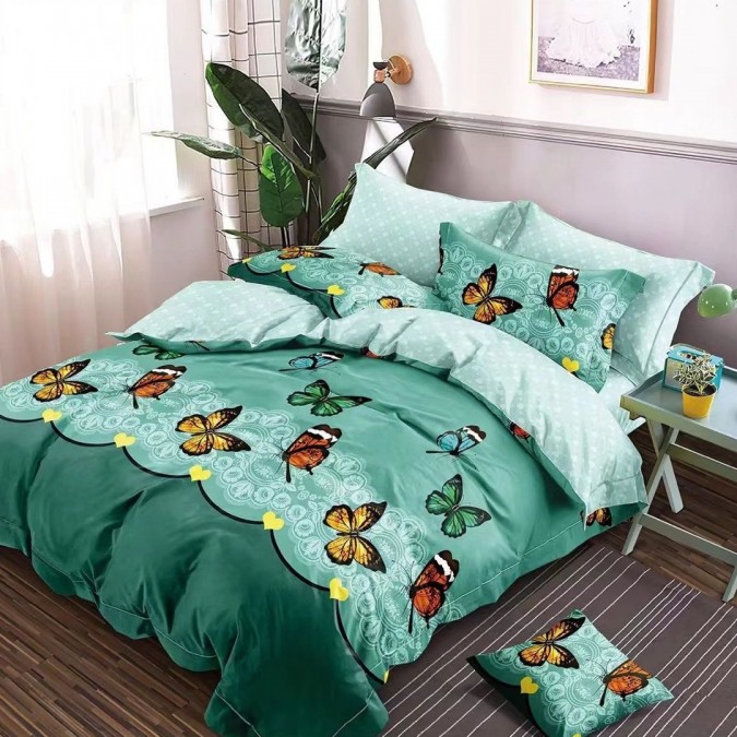 Lenjerie pat dublu cu două feţe, 4 piese, Bumbac Satinat Superior, Verde, fluturi