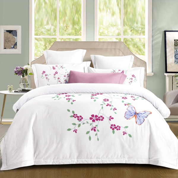 Lenjerie pat dublu, Primăvara,  FINET, Cearsaf cu Elastic 180x200cm, 4 piese, Alb, Roz, Fluturi - Lux Absolut, Delicatețe și Eleganță Desăvârșită [1]