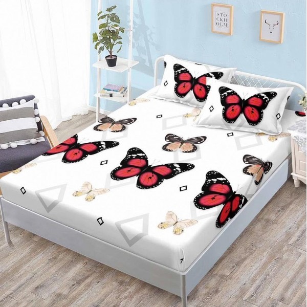 Cearsaf cu elastic, FINET, 160x200cm, 2 fete de perne 50x70cm, Alb, Rosu, Fluturi – confort si eleganta pentru patul tau [1]