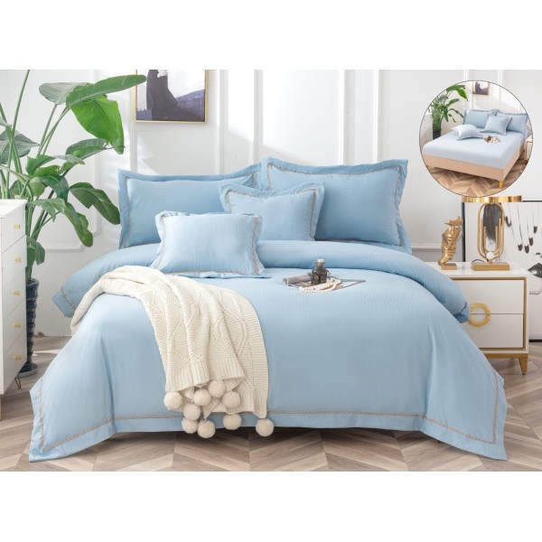 Lenjerie pat dublu, Bumbac Fin Texturat, CEARSAF CU ELASTIC, 6 piese, Bleu [1]