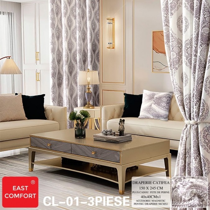 Draperie Catifea Royal cu inele încastrate 150x245cm East Confort cu Șnur Magnetic și Față de Pernă Decorativă – Eleganță și Funcționalitate într-un Singur Produs Ivory