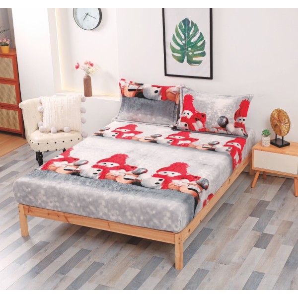 Cearsaf cu elastic CoCoLiNo Polar, 180x200x25cm, 2 fete de perne 50x70cm, Gri, Rosu, oameni de zăpadă [1]