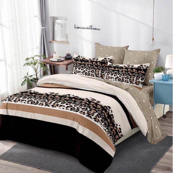 Lenjerie pat dublu,  FINET, cu elastic, 6 piese, Bej, Maro, Dungi, Animal Print [1]