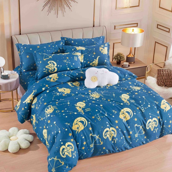 Lenjerie pat dublu BUMBAC FINET 6 piese cu ELASTIC Jojo Home Albastru zodiac