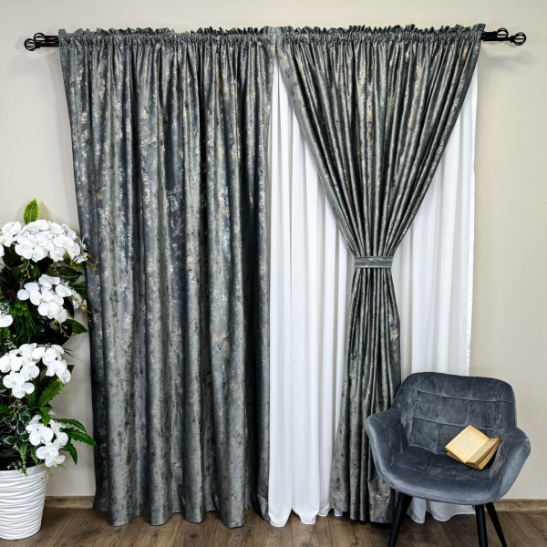 Set 2 Draperii Catifea Asama cu insertii aurii - 2m latime x 2.50m inaltime x Tiv lat, Gri mediu - V30 [1]