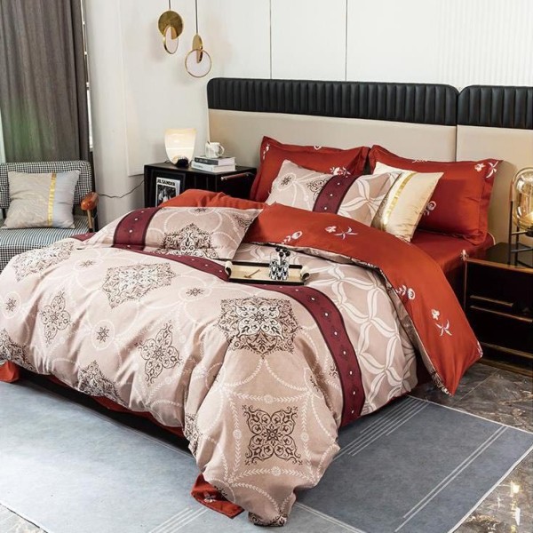Lenjerie pat dublu (140x200cm, 160x200cm, 180x200cm), Finet Soft, cearsaf clasic, 4 piese, Caramiziu, model oriental [1]