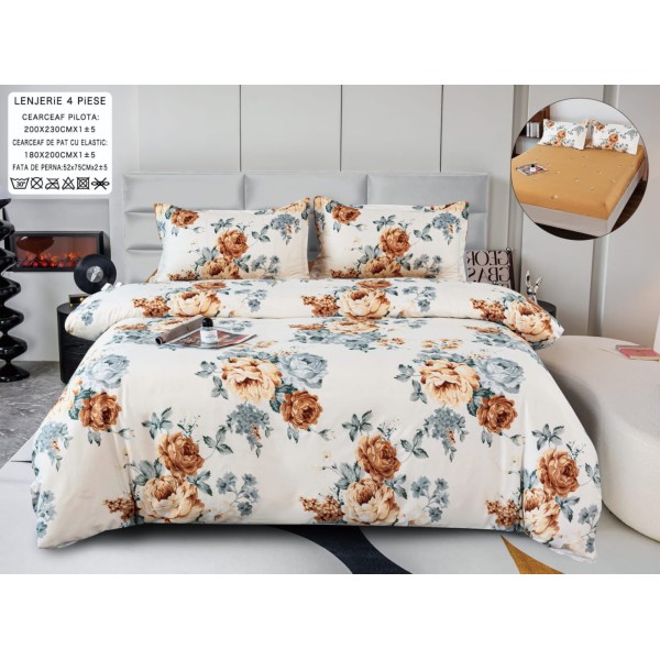 Lenjerie pat dublu, bumbac satinat,  Cearsaf cu ELASTIC 180x200cm, 4 PIESE, Crem, flori [1]