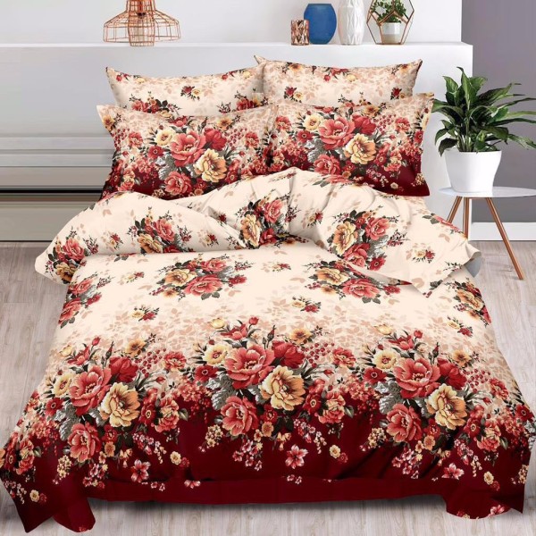 Lenjerie pat dublu (160x200cm, 180x200cm),  FINET, 6 piese, cu ELASTIC, Rosu, flori [1]