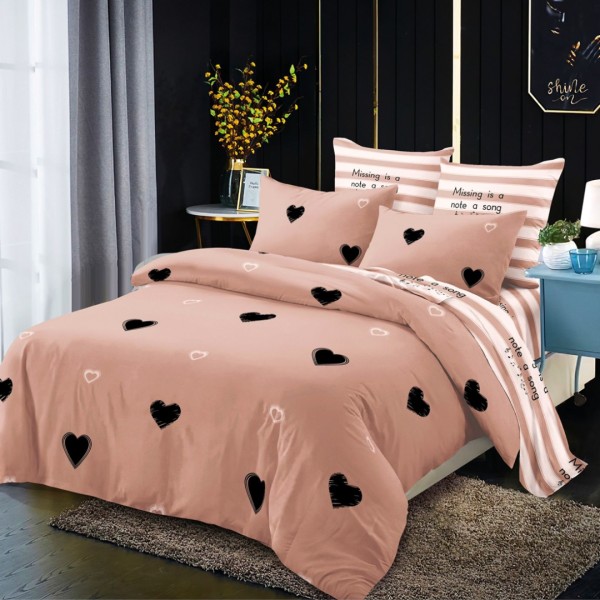 Lenjerie Pat Dublu,  FINET, 6 piese, Roz Prafuit, Alb, Negru, Inimioare [1]