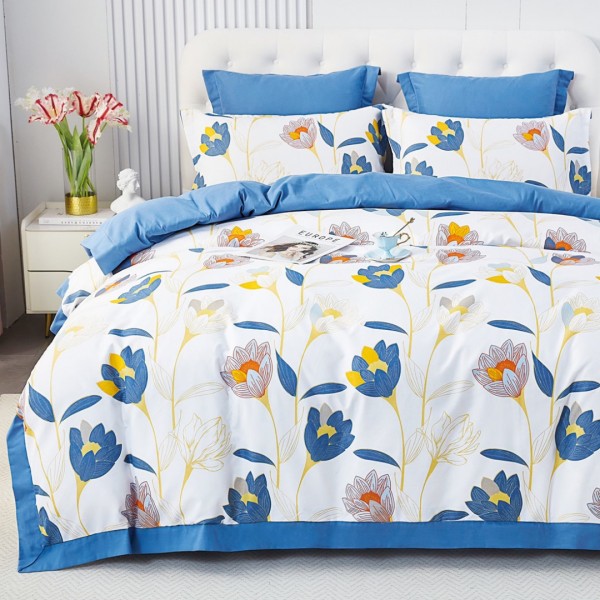 Lenjerie de Pat Dublu, Super Premium,  Finet Ranforsat, 6 Piese, Ambalat în Cutie de Lux, Alb, Bleu, flori [1]