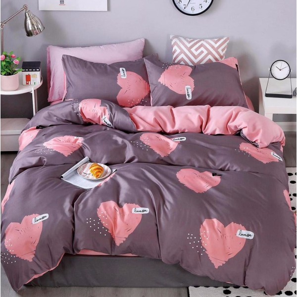 Lenjerie pat dublu cu Elastic (160x200cm si 180x200cm), bumbac satinat, Roz, inimioare [1]