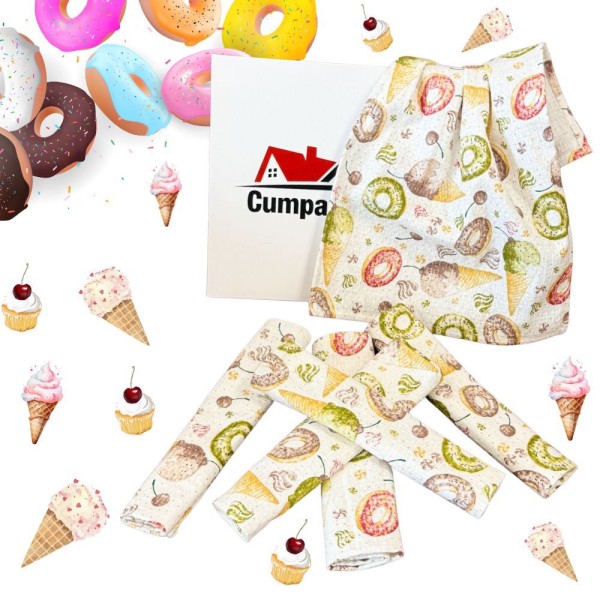 Set de 6 Prosoape Waffle, 30x50cm, pentru Bucatarie, Bumbac 100% Gofre, Atelier CumparaMisim, Alb, Multicolor, gogosi, inghetata [1]