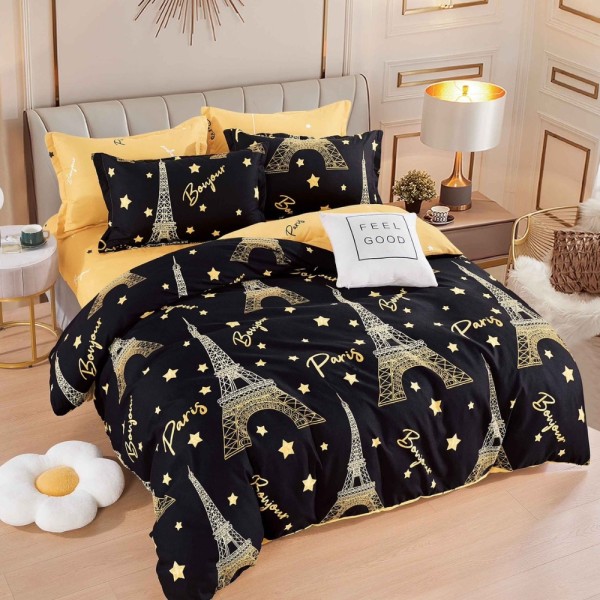 Lenjerie pat dublu,  FINET, 6 piese, Jojo Home, Negru, Galben, Turnul Eiffel [1]