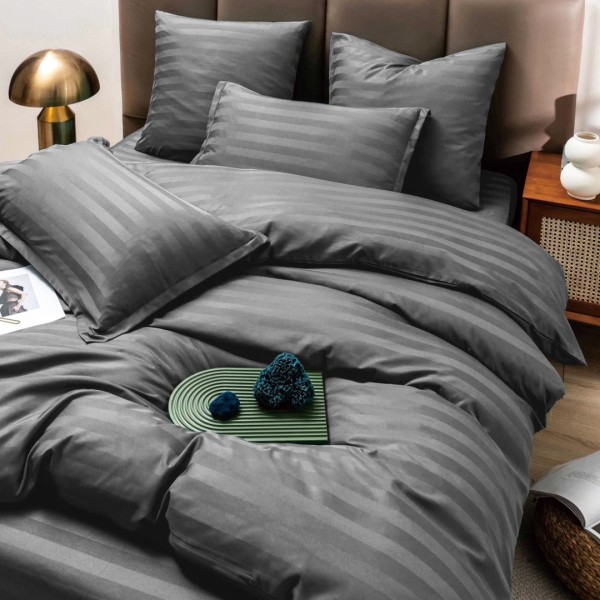 Lenjerie HoReCa DeLuxe, pat dublu, Damasc cu Dunga latã de 3cm, 6 piese, cearșaf cu ELASTIC, Gri inchis [1]