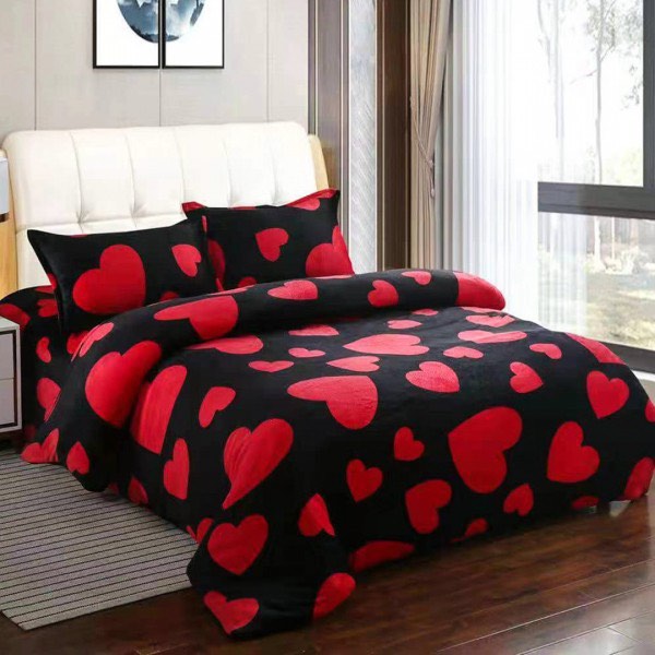 Lenjerie pentru Pat Dublu, Cocolino Premium, 4 Piese – Plușată, Groasă, și Călduroasă, Ideală pentru Iarnă –  Confort Maxim, Antișifonare, Negru, Rosu, Inimioare [1]