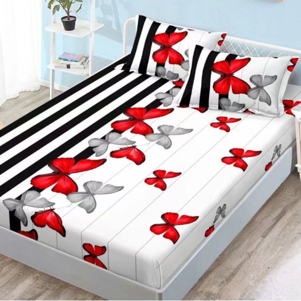Cearsaf cu elastic, FINET, 180x200cm, 2 fete de perne 50x70cm, Negru-Rosu, fluturi [1]