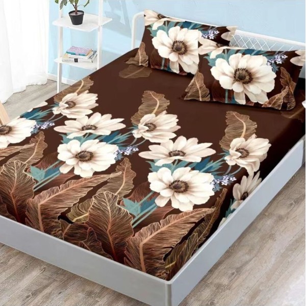 Cearsaf cu elastic, FINET, 180x200cm, 2 fete de perne 50x70cm, Maro, flori [1]