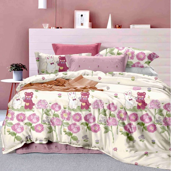 Lenjerie pat 1 PERSOANA,  FINET, 4 piese, Jojo Home, Crem-Roz, flori, ursuleti [1]